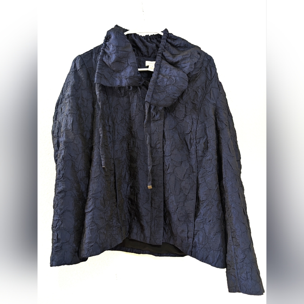Chico's Midnight Blue Crinkle Zip Up Jacket 1 Drawstring‎ Scarf Collor